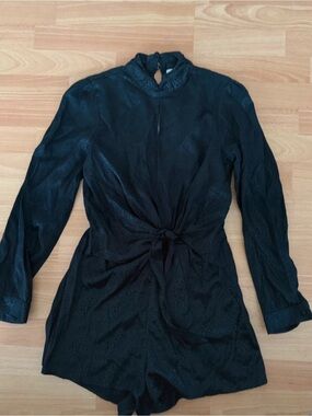 Topshop Black Long-Sleeve Tie-Front Romper